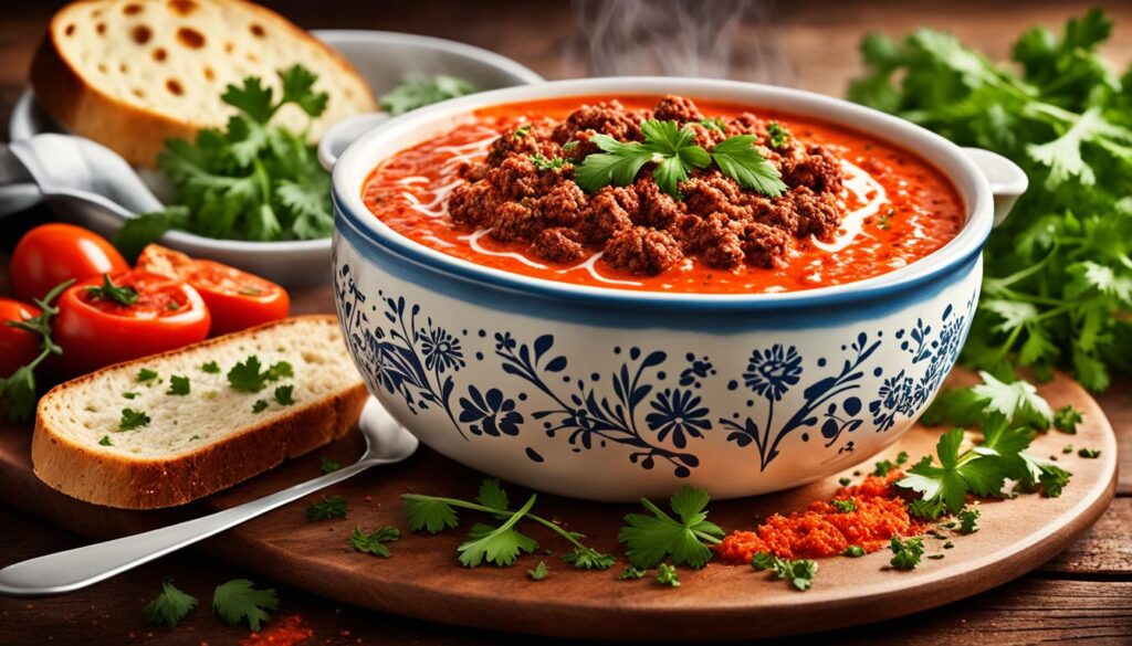 Ajvar Suppe mit Hackfleisch