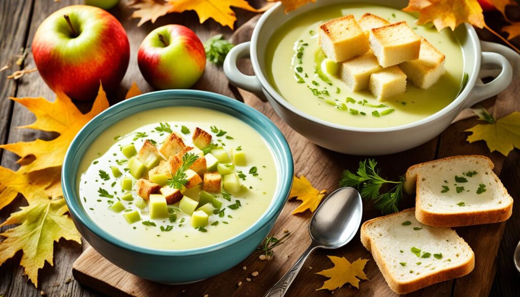 Apfel Sellerie Suppe mit Weißbrot-Croûtons