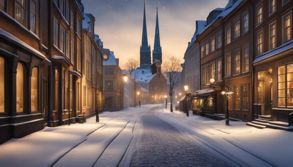 Göteborg im Winter: Eine verschneite Straße in der Innenstadt von Göteborg